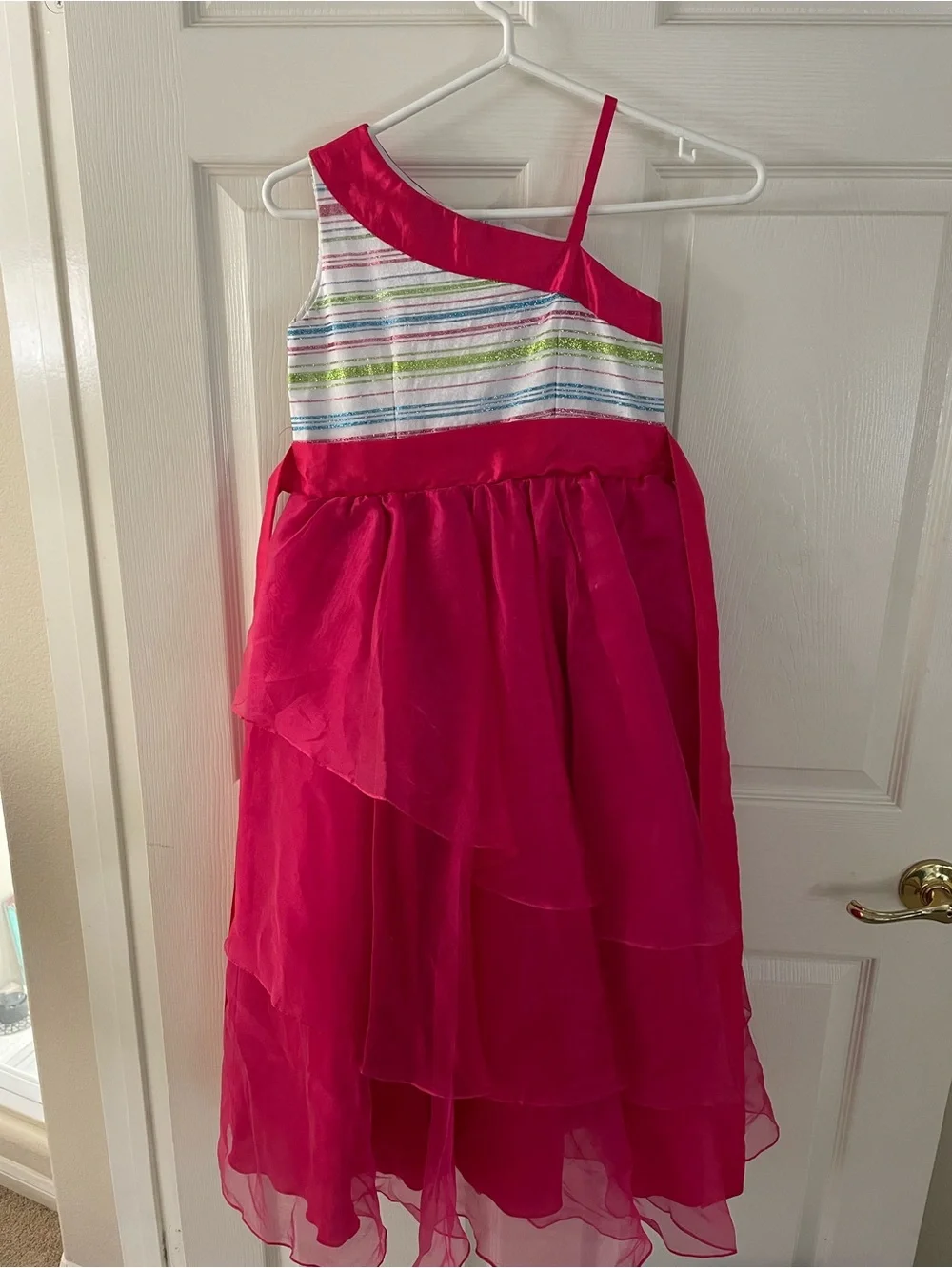Girls' Hot Pink One-Shoulder Party Dress with Striped Bodice
